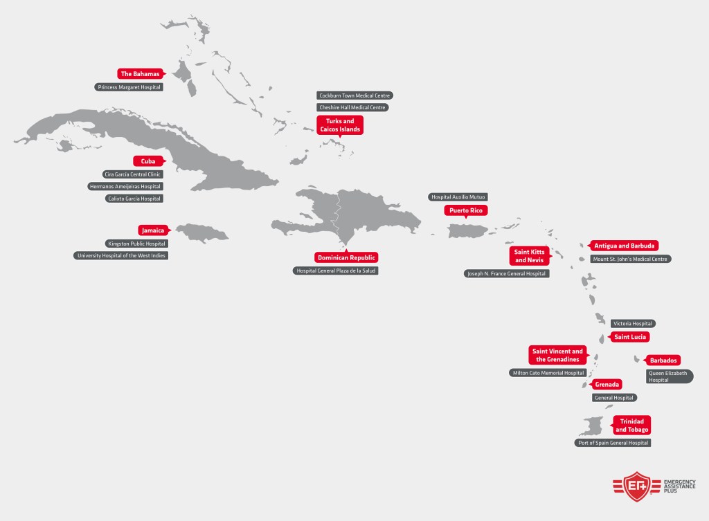 map showing hospitals in the Caribbean