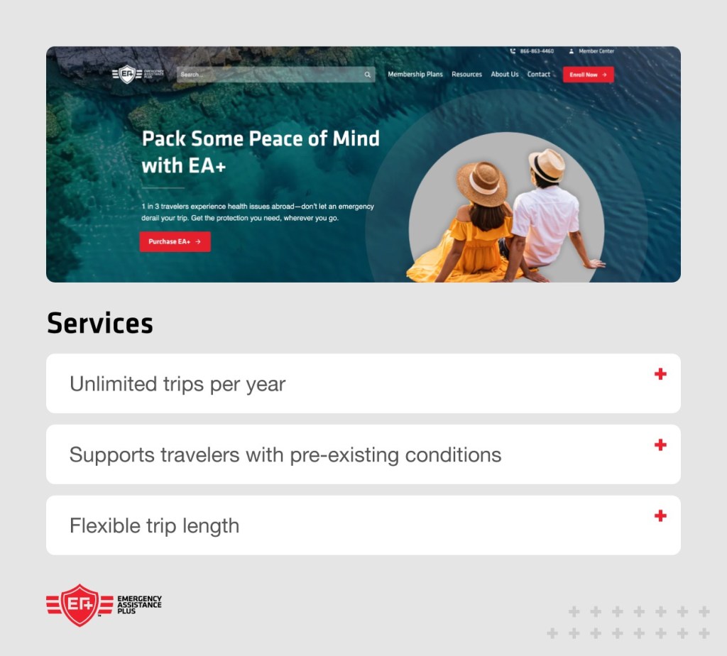 EA+ website with callouts including unlimited yearly trips and flexible trip length.