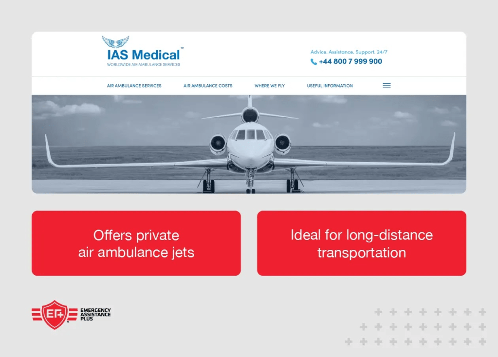 screenshot of IAS Medical website with annotations like “offers private air ambulance jets”