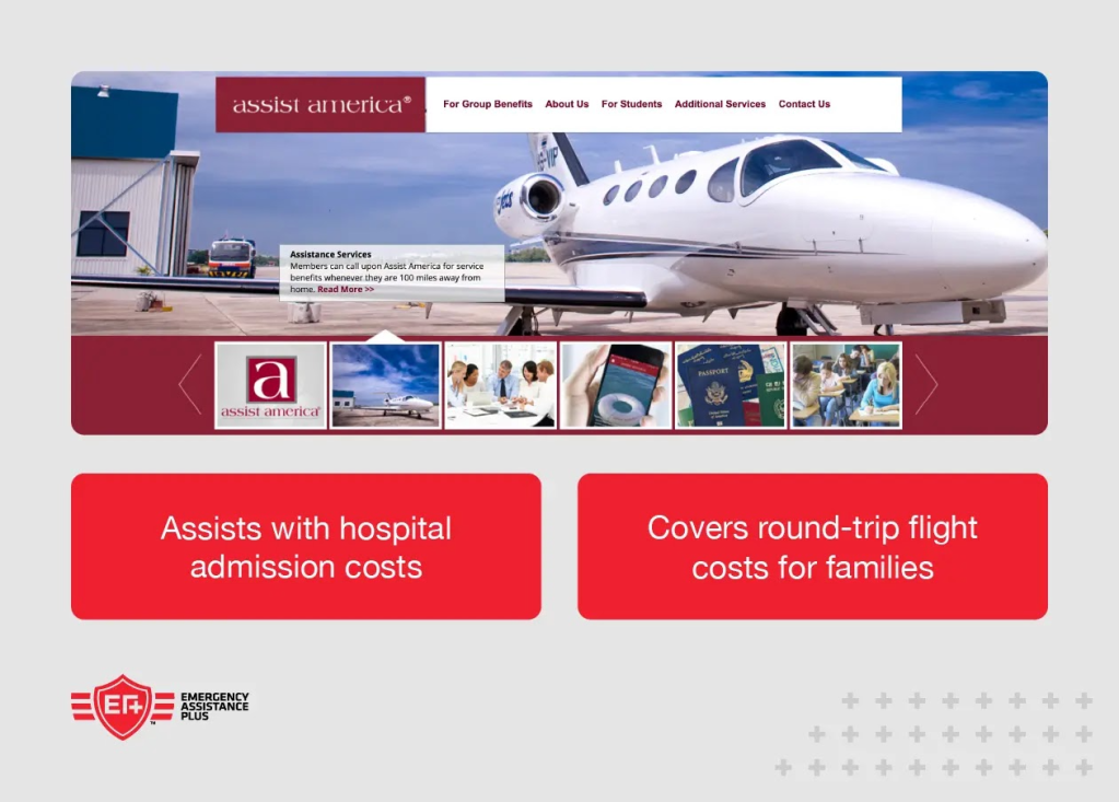 Screenshot of Assist America website with annotations like “covers round-trip flight costs for family”