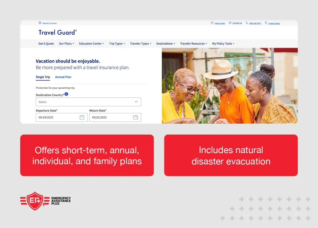 screenshot of Travel Guard MedEvac Plan website with annotation including “Includes natural disaster evacuation"