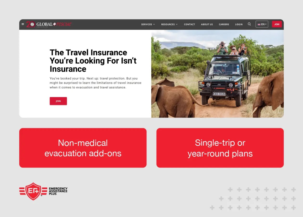 screenshot of Global Rescue website with annotations like “single-trip or year-round plans.”