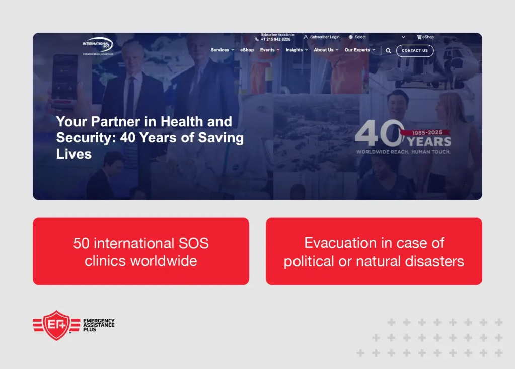 Screenshot of International SOS website with annotation including “50 international SOS clinics worldwide”