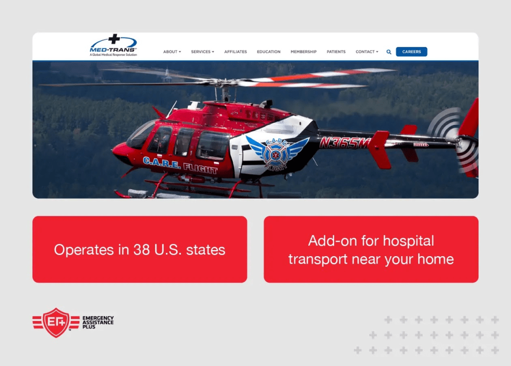 screenshot of Med-Trans website with annotations like “operates in 38 U.S. states.
