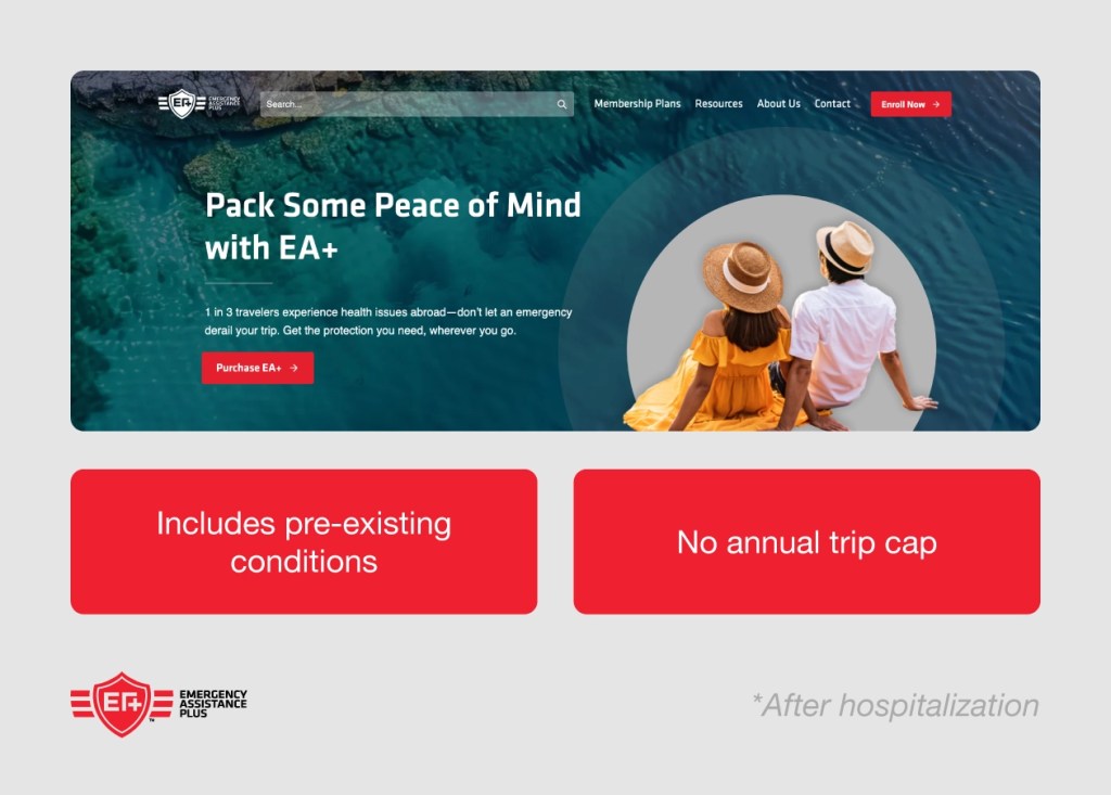 Screenshot of EA+ website with annotations covering highlights like no annual trip cap.