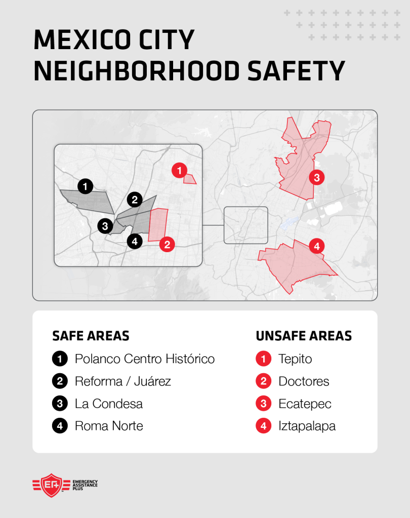 map of Mexico City highlighting which neighborhoods are safe or unsafe. Safe ones include Condesa and Roma Norte.