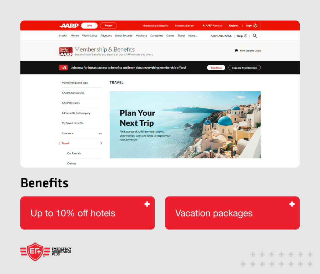 Screenshot of AARP website with annotations “10% off hotels and vacation packages”