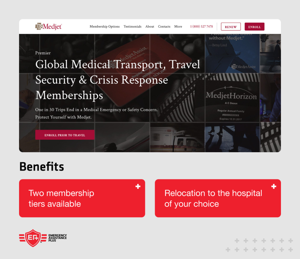 Screenshot of Medjet website with annotations highlighting relocation to hospital of choice and two membership tiers.