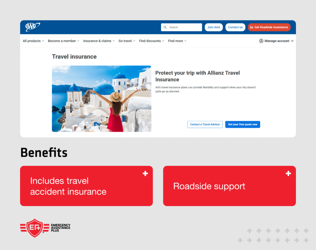 screenshot of AAA travel insurance website with pros “roadside support and includes travel accident insurance"