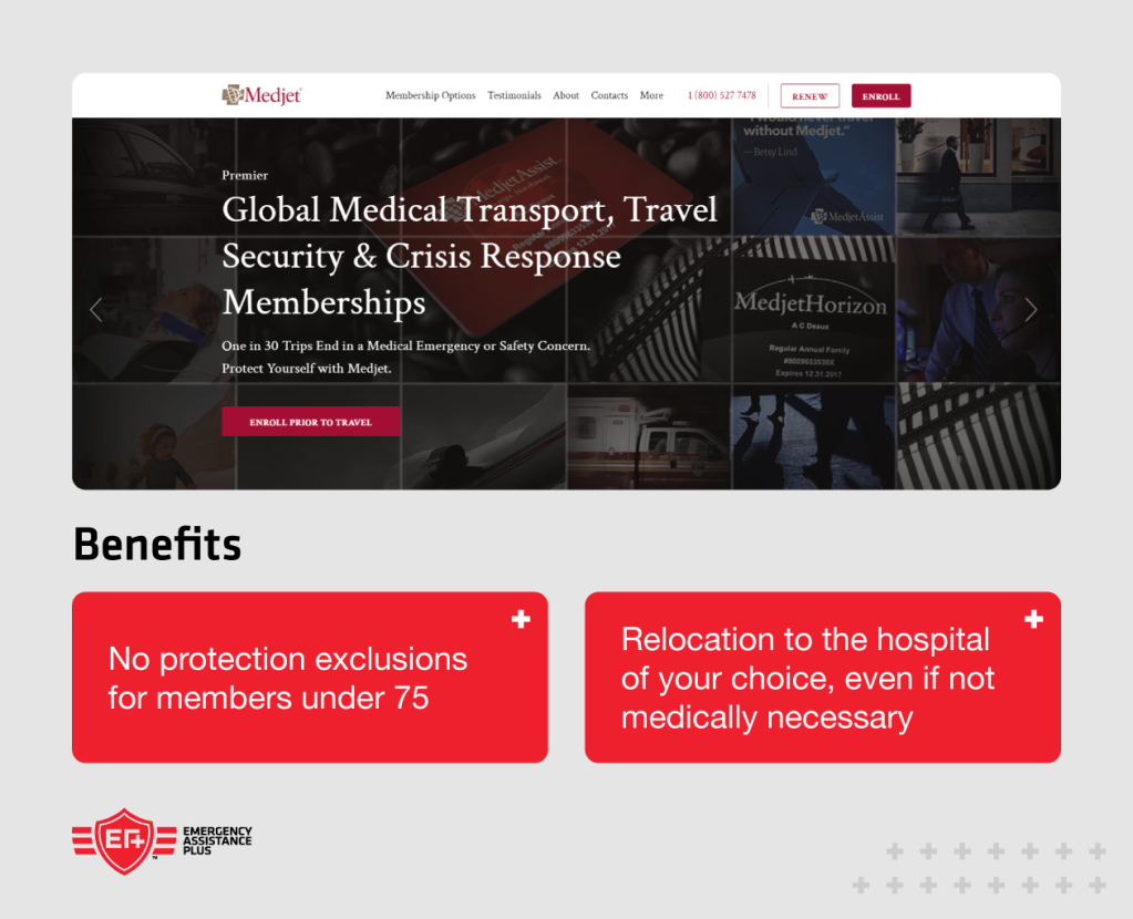 Screenshot of Medjet website with annotations highlighting no coverage exclusions for those under 75.