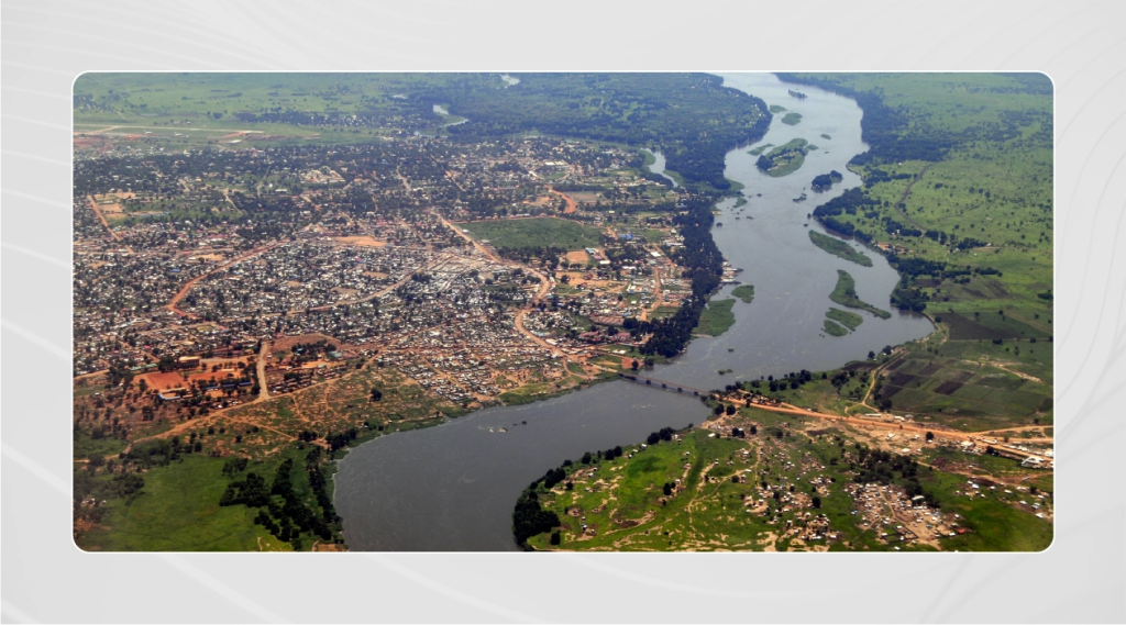 Aerial of Juba, the capital of South Sudan, with river Nile on the right, with a bridge over it.
