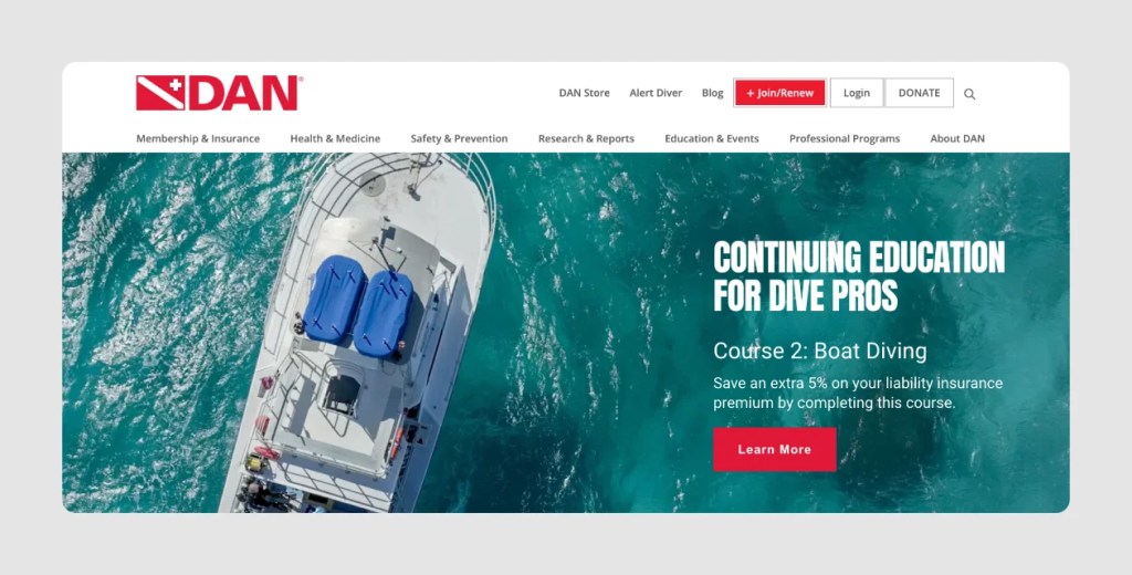 AN TravelAssist website showing caption “Members receive DAN TravelAssist which provides valuable Travel Assistance Services and up to US$150,000 (US$100,000 in NY)