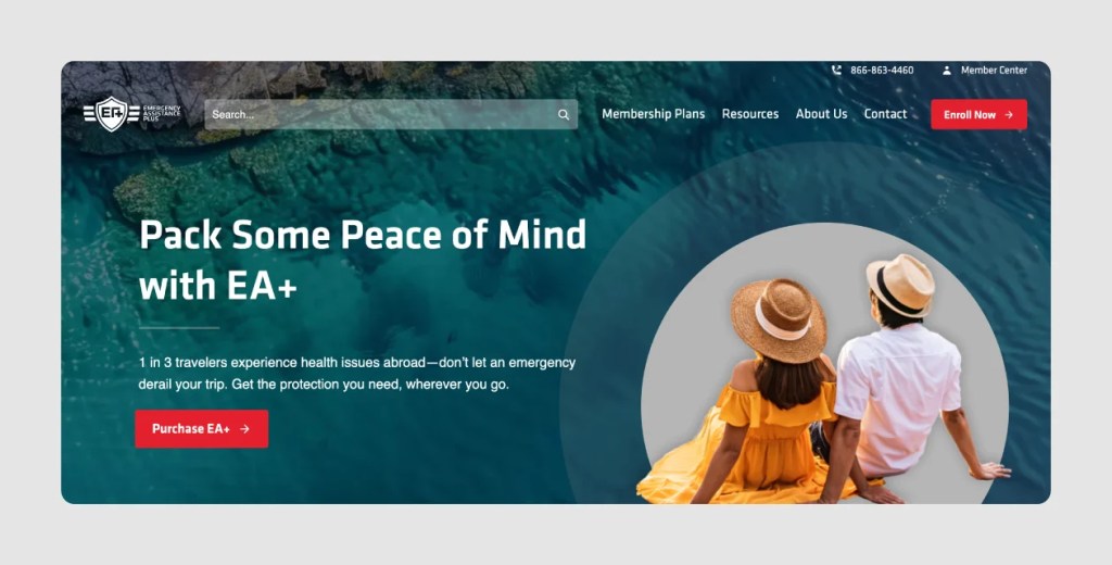 EA+ website showing caption “Pack Some Peace of Mind with EA+