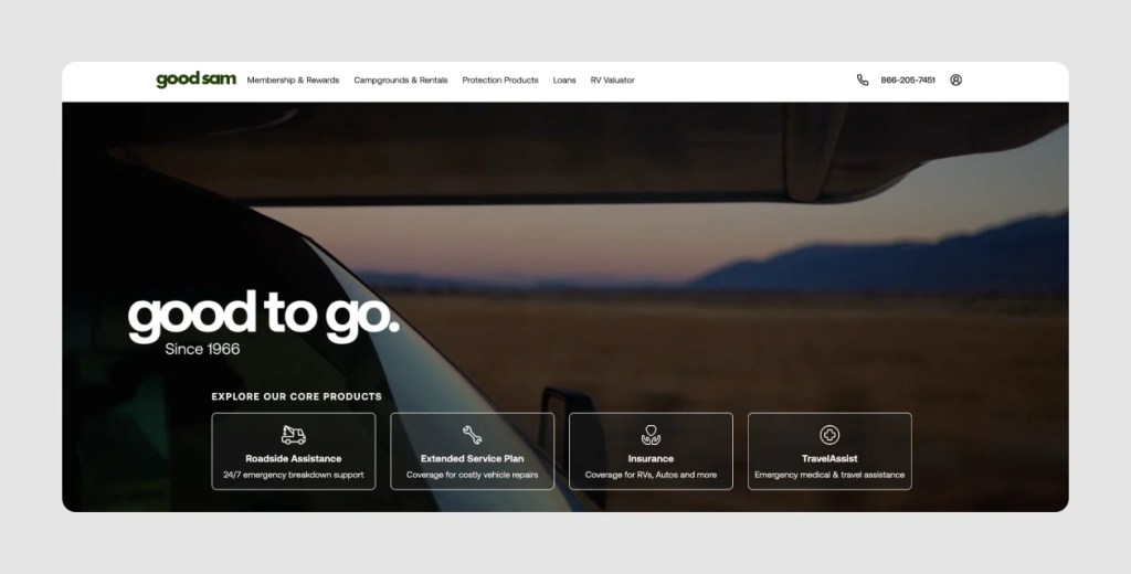 Good Sam TravelAssist website showing caption “Hit the open road and
experience the joy of travel.