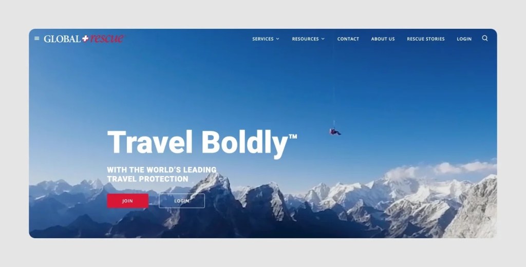 Global Rescue website showing caption “Travel Boldly™ with the world’s leading travel protection