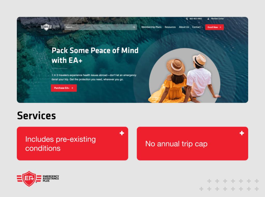 Screenshot of EA+ website with pros “Includes pre-existing condtions"